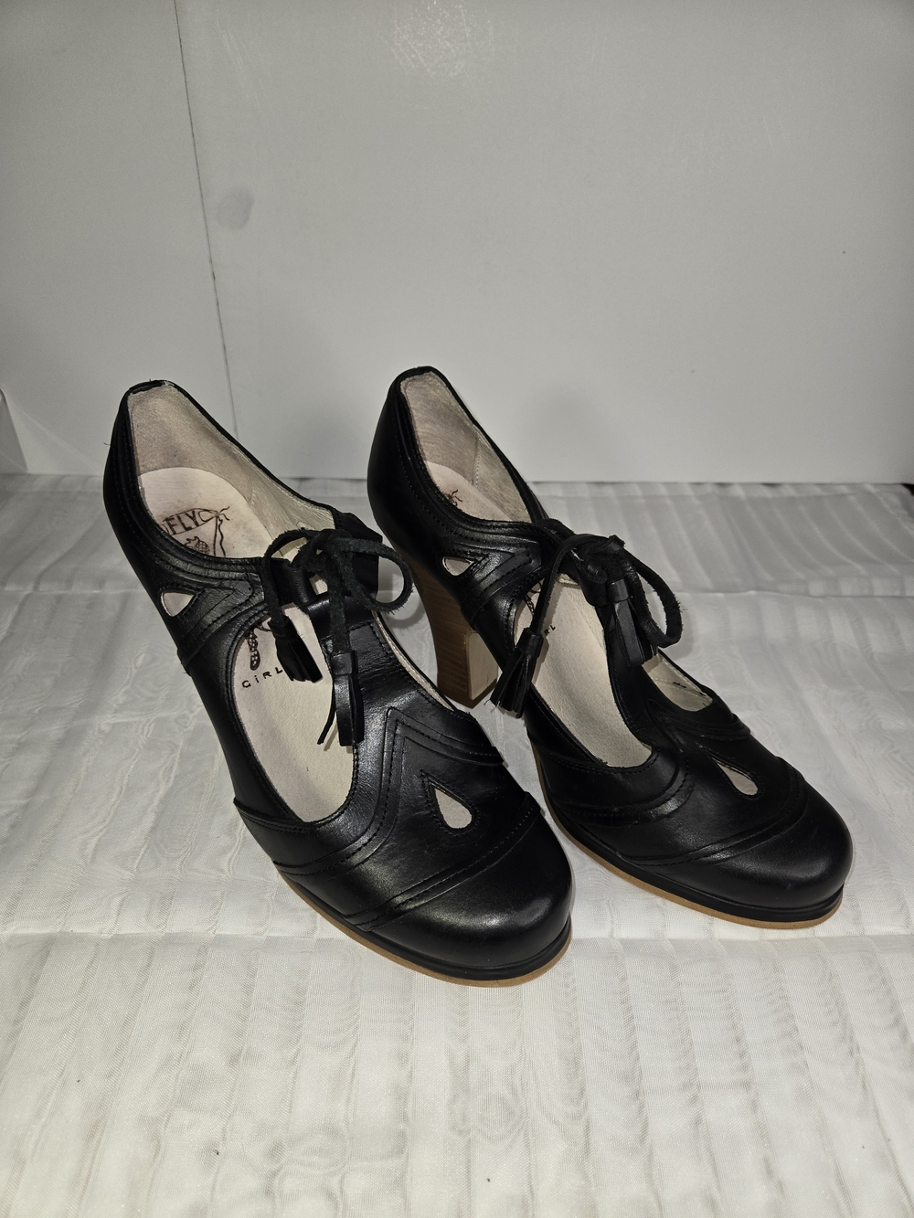 Fly London Black Leather Lace-Up T-Strap Heels